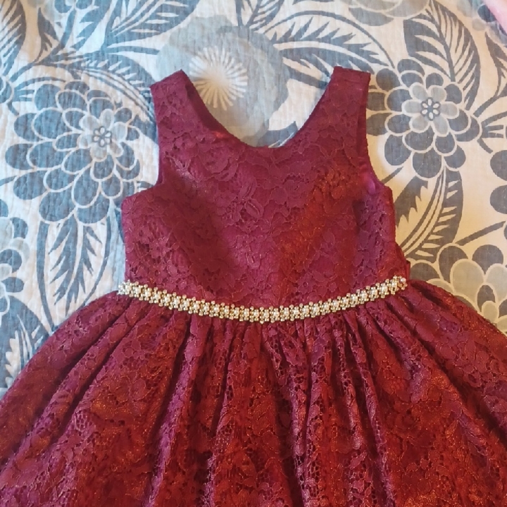 Burgundy Lace Princess Style Girls 10 Dress Ballgown Pearls Holiday Christmas